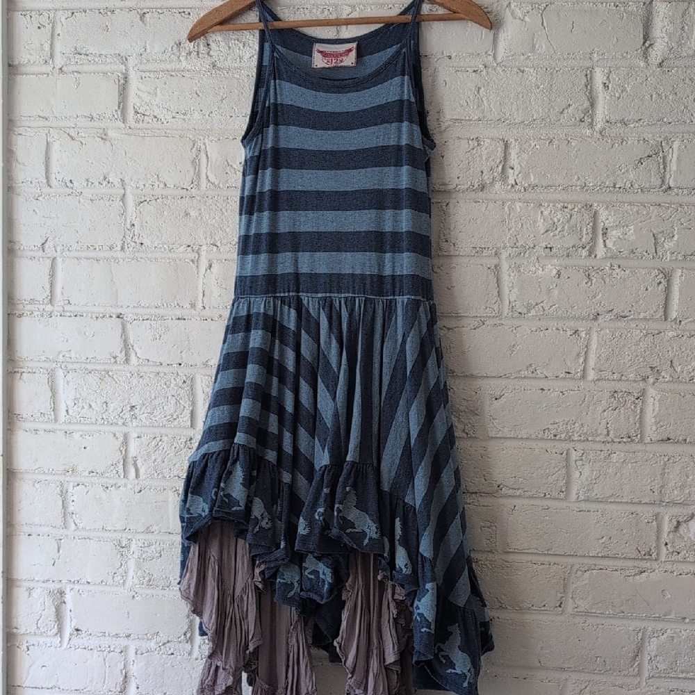 Paper Wings Blue Striped Casual Layered Sundress With Horse Pattern